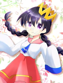 Rule 34 | 1girl, black hair, braid, crown, dlllll lllllb, floral background, glasses, highres, kirby (series), kirby 64, long hair, looking at viewer, low twin braids, nintendo, pink skirt, purple eyes, ripple star queen, skirt, sleeves past fingers, sleeves past wrists, twin braids