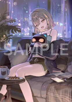 1girl bare_shoulders black_shorts book building candle city coffee cookie couch cup earrings food jewelry la_priere light_bulb natsume_itsuki_(voice_actor) nenecrepe night phone plant potted_plant sample_watermark short_hair shorts sitting watermark