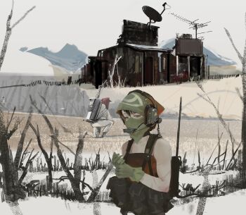 1boy 1girl absurdres ammunition_pouch backpack bag bandana bandana_over_mouth bare_tree chest_rig commentary english_commentary exhausted fence gloves green_bandana green_gloves green_headscarf headscarf headset highres looking_at_viewer military mountainous_horizon original outdoors overcast painterly polilla pouch radio_antenna red_tube_top scratches shack sketch sky snow solo_focus strapless tree tube_top white_sky wide_shot wooden_fence