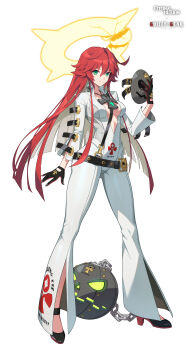 1girl absurdres black_gloves black_shoes black_survival bodysuit breasts colored_inner_hair commentary_request copyright_name cross cross_necklace ddollydonut double-parted_bangs eternal_return:_black_survival full_body gloves green_eyes grey_hair guilty_gear guilty_gear_strive hair_between_eyes halo hand_up highres holding holding_mask jewelry korean_commentary large_breasts large_cross li_dailin li_dailin_(jack-o'_dailin) light_smile long_hair long_sleeves mask multicolored_hair multicolored_shoes necklace official_alternate_costume official_art red_shoes shoes simple_background solo standing tachi-e two-tone_hair two-tone_shoes unworn_mask white_background white_bodysuit yellow_halo