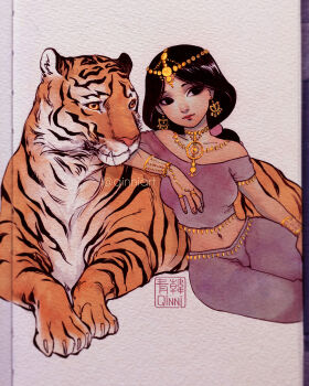 1girl aladdin_(movie) arabian_clothes artist_name cropped_legs deviantart_username disney_princess earrings gold_earrings gold_hairband gold_necklace hairband highres instagram_username jasmine_(disney) jewelry leaning_on_animal midriff navel necklace off_shoulder qinni rajah_(disney) sitting sitting_sideways tiger traditional_media yokozuwari
