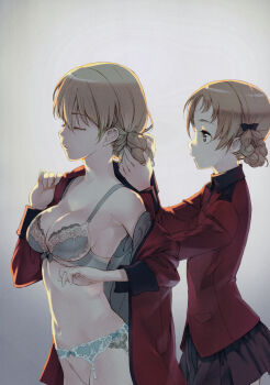 Rule 34 | 2girls, absurdres, aqua bra, backlighting, bare shoulders, blonde hair, blue eyes, bra, braid, braiding hair, branch (blackrabbits), closed eyes, darjeeling (girls und panzer), garter belt, girls und panzer, hair ribbon, hair rings, hairdressing, highres, huge filesize, jacket, lace, lace-trimmed bra, lace trim, long sleeves, military jacket, multiple girls, no panties, open clothes, open shirt, orange hair, orange pekoe (girls und panzer), parted bangs, red jacket, ribbon, st. gloriana's military uniform, twin braids, underwear