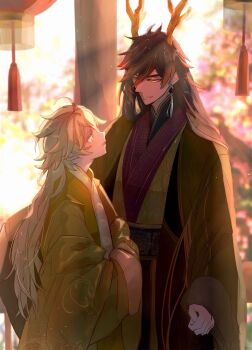 2boys aether_(genshin_impact) alternate_costume black_hair blonde_hair chinese_clothes commentary_request dragon_boy dragon_horns earrings genshin_impact gradient_hair hands_in_opposite_sleeves hanfu highres hinata0313 horns jewelry long_hair multicolored_hair multiple_boys partial_commentary standing sunlight wide_sleeves yaoi zhongli_(archon)_(genshin_impact) zhongli_(genshin_impact)