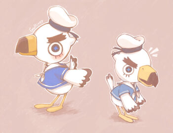 1boy animal_crossing bird_boy blue_shirt character_name commentary_request full_body furry furry_male gulliver_(animal_crossing) hat highres multiple_girls multiple_views neckerchief nintendo omu_(rinarina724) pink_background sailor shirt white_hat white_neckerchief