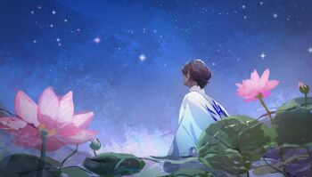 1boy arjuna_(fate) brown_hair cape dark-skinned_male dark_skin fate/grand_order fate_(series) flower highres koroponsu3 lily_pad lotus male_focus night night_sky outdoors pink_flower short_hair sky solo star_(sky) star_(symbol) starry_sky water white_cape