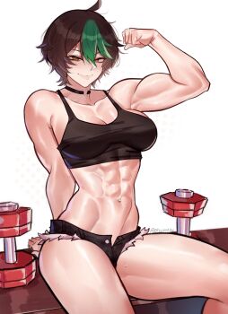 1girl abs absurdres black_choker breasts brown_hair choker crop_top deccatezu denim denim_shorts dumbbell flexing grey_hair highres indie_virtual_youtuber large_breasts micro_shorts multicolored_hair muscular muscular_female shorts sitting smile solo sweat tank_top two-tone_hair