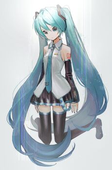 1girl absurdres blue_eyes blue_hair boots collared_shirt commentary detached_sleeves full_body hair_ornament hatsune_miku headphones highres long_hair long_sleeves miyononon nail_polish necktie pleated_skirt shirt skirt sleeveless sleeveless_shirt smile solo thigh_boots twintails very_long_hair vocaloid