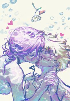 1boy 1girl air_bubble andoryu black_choker blonde_hair blood blood_from_mouth blood_on_face bubble chainsaw_man choker closed_eyes commentary denji_(chainsaw_man) english_commentary flower hair_between_eyes hair_bun hand_on_another's_shoulder heart highres interlocked_fingers kiss long_hair_between_eyes nude pull_cord red_flower reze_(chainsaw_man) skinny_dipping underwater white_flower