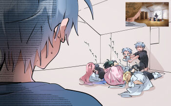 2girls 3boys alien_stage baby back black_hair blonde_hair camera closed_eyes covering_with_blanket ddo_s1 earrings gloves grey_hair highres io_(alien_stage) ivan_(alien_stage) jacket jewelry korean_text long_hair luka_(alien_stage) lying mizi_(alien_stage) multicolored_hair multiple_boys multiple_girls pink_hair ribbon scene_reference short_hair simple_background single_earring smile sono_bisque_doll_wa_koi_wo_suru sweatdrop taking_picture till_(alien_stage) two-tone_hair white_jacket
