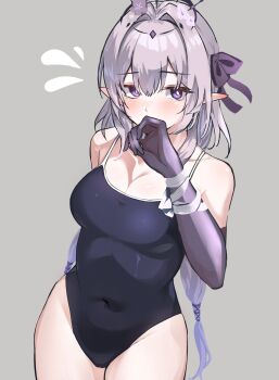1girl absurdres alternate_costume black_one-piece_swimsuit black_tiara breasts bright_pupils castorice_(honkai:_star_rail) cleavage commentary_request covered_navel covering_own_mouth embarrassed gloves grey_background hair_intakes highres honkai:_star_rail honkai_(series) medium_breasts one-piece_swimsuit pointy_ears purple_eyes purple_gloves purple_hair simple_background solo swimsuit tiara white_pupils yoru_honpo