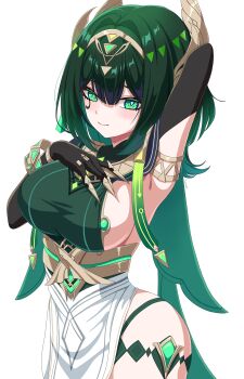 1girl absurdres arm_behind_head black_gloves blush breasts claw_ring closed_mouth commentary elbow_gloves fuyunash1 genshin_impact gloves green_eyes green_hair hair_between_eyes highres large_breasts looking_at_viewer nefer_(genshin_impact) sideboob simple_background smile solo symbol-shaped_pupils triangle-shaped_pupils white_background