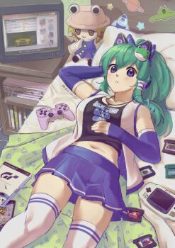 1girl absurdly_detailed_composition absurdres adapted_costume animal_ear_headphones animal_ears arm_behind_back bed black_shirt blanket blue_bow blue_eyes blue_skirt blue_sleeves bow breasts castlevania:_aria_of_sorrow castlevania_(series) cat_ear_headphones cat_ears cd_case character_doll clothes_writing commentary commission crt destroy_all_humans! detached_sleeves doll english_commentary fake_animal_ears frog_hair_ornament game_boy_advance game_boy_advance_(original) game_boy_cartridge game_console gran_turismo green_hair hair_between_eyes hair_bow hair_ornament hair_tubes hand_on_own_stomach handheld_game_console head_on_pillow headphones highres kochiya_sanae large_breasts loaded_interior long_hair long_sleeves looking_at_viewer lying mario_(series) midriff miniskirt moriya_suwako navel nintendo on_back open_clothes open_shirt pentagram_necklace pillow playstation_2 playstation_controller pleated_skirt pokemon qiwiq second-party_source shirt single_hair_tube skirt snake_hair_ornament solo sony sticker television thighhighs touhou twitter_username ufo_print white_shirt white_thighhighs