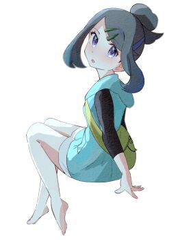 1girl :d artist_collaboration barefoot black_hair black_shirt blue_eyes blue_hair blue_hoodie full_body hair_between_eyes hair_ornament hairclip highres hood hood_down hoodie kame_san liko_(pokemon) looking_at_viewer multicolored_hair nintendo open_mouth pokemon pokemon_(anime) pokemon_horizons shirt short_hair shorts sleeveless sleeveless_hoodie smile solo star_(symbol) star_in_eye symbol_in_eye two-tone_hair white_background white_shorts yupopopopon