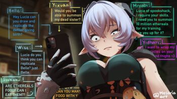 1girl accessories cellphone chat_log disturbed emoji english_text goat goat_girl goat_horns holding holding_phone horns looking_at_phone lucia_elowen mesaria_art mole mole_on_shoulder phone smartphone solo text_messaging traumatized zenless_zone_zero