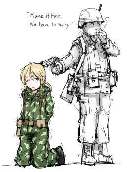 1boy 1girl ammunition_pouch anya_(dutchko) assault_rifle at_gunpoint bad_id bad_pixiv_id blonde_hair blue_eyes boots bound bullpup camouflage cigarette cigarette_pack dragunov_svd dutchko english_text gun gun_to_head handgun highres holding holding_gun holding_weapon holster kneeling m16 m16a2 m1911 military military_combat_uniform military_uniform original pee peeing peeing_self ponytail pouch prisoner rifle scared short_hair simple_background smoking sniper_rifle soldier soviet suppressor tears tied_up_(nonsexual) trembling united_states weapon