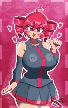 1girl ahoge belt black_shirt black_skirt black_sleeves breasts buttons collared_shirt detached_sleeves drill_hair eyeshadow hair_between_eyes heart huge_breasts kasane_teto kasane_teto_(utau) makeup miks381 open_mouth outline pleated_skirt pointing pointing_at_self red_background red_belt red_eyes red_eyeshadow red_hair red_trim shirt signature skirt smile solo thick_thighs thighs twin_drills utau white_outline