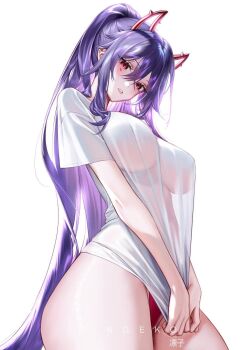 1girl akuma_nihmune artist_name breasts clothes_pull commentary cowboy_shot hair_between_eyes highres horns indie_virtual_youtuber large_breasts long_hair looking_at_viewer no_pants panties parted_lips purple_hair red_eyes red_horns red_panties ringeko-chan shirt shirt_pull shirt_tug simple_background solo underwear very_long_hair virtual_youtuber white_background white_shirt