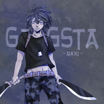 1boy artist_name belt black_shirt camouflage camouflage_pants copyright_name doug_(gangsta) dreadlocks dual_wielding freckles gangsta holding holding_weapon jewelry male_focus medium_hair midriff_peek necklace pants parted_lips purple_eyes raki-r-isis shirt solo upper_body weapon