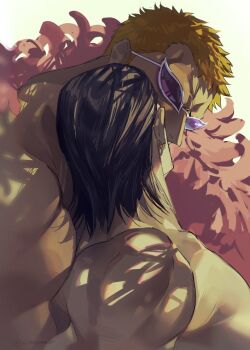 Rule 34 | 2boys, black hair, blonde hair, commentary, crocodile (one piece), donquixote doflamingo, feather boa, feathers, hair slicked back, kiss, male focus, multiple boys, muscular, muscular male, nitoera ne, nude, one piece, pink feathers, purple-tinted eyewear, short hair, sideburns, simple background, sunglasses, symbol-only commentary, tinted eyewear, upper body, white-framed eyewear, white background, yaoi