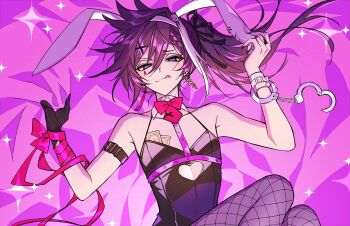 1boy :q animal_ear_hairband animal_ears arm_belt banzoin_hakka bare_arms bare_shoulders bed_sheet black_gloves black_leotard black_nails black_pantyhose blue_eyes bow bowtie clothing_cutout collarbone commentary_request cosplay crossdressing crossdressing_(mtf) cuffs cutout_above_navel detached_collar earrings fake_animal_ears fingernails fishnet_pantyhose fishnets from_above gloves hair_between_eyes hair_ornament hairband handcuffs hatsune_miku hatsune_miku_(cosplay) heart_cutout holostars holostars_english jewelry leotard long_fingernails long_hair looking_at_viewer lying male_focus male_playboy_bunny mark_under_eye mismatched_earrings money nail_polish necktie on_back pantyhose pink_ribbon piwpiww ponytail purple_hair rabbit_ears rabbit_hole_(vocaloid) red_bow red_bowtie red_necktie ribbon sheet_grab short_necktie single_glove solo sparkle tassel tassel_earrings teardrop_facial_mark thai_commentary tongue tongue_out trap tucked_money virtual_youtuber white_hairband wrist_ribbon x_hair_ornament