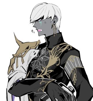 1boy anger_vein armor black_gloves black_shirt colored_sclera colored_skin earrings fate/grand_order fate_(series) flask gloves grey_sclera grey_skin highres hip_flask holding holding_flask indra_(fate) jewelry lightning_bolt_facial_mark mi_soxxx10 pauldrons profile shirt short_hair shoulder_armor simple_background single_pauldron solo upper_body white_background white_hair