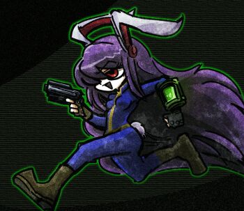 1girl animal_ears blue_jumpsuit boots breasts brown_boots fallout fallout_4 full_body green_outline gun hair_over_one_eye handgun holding holding_gun holding_weapon jumpsuit long_hair open_mouth outline pip_boy purple_hair rabbit_ears rabbit_girl rabbit_tail red_eyes reisen_udongein_inaba running small_breasts smile solo suenari_(peace) tail touhou very_long_hair weapon