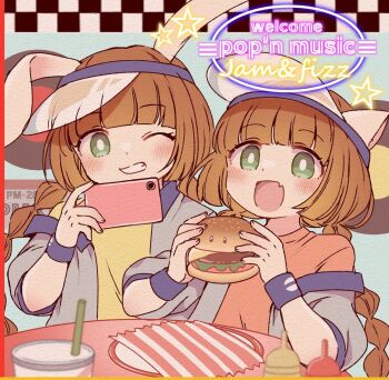 2girls akane_riu animal_ears bemani blunt_bangs blush braid bright_pupils brown_hair burger cat_ears cat_girl cellphone commentary_request cup cutout_eyelashes diner english_text fang food green_eyes holding holding_food holding_phone humanization jacket long_hair low_twin_braids mimi_(pop'n_music) multiple_girls nyami_(pop'n_music) official_alternate_costume open_clothes open_jacket open_mouth phone plate pop'n_music pop'n_music_jam&amp;fizz rabbit_ears rabbit_girl skin_fang smartphone twin_braids visor_cap white_pupils