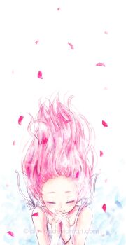 1girl blue_background bracelet camisole closed_eyes collarbone commentary covering_own_mouth deviantart_username falling_petals floating_hair gradient_background hair_pulled_back hands_up highres jewelry long_hair original own_hands_together petals pink_hair pink_petals pluvias red_petals ribbon solo upper_body watercolor_effect white_background white_camisole white_ribbon