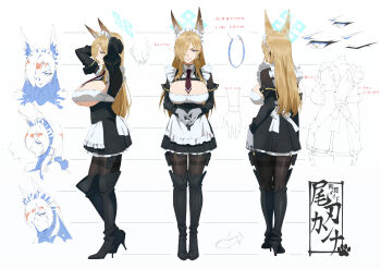 1girl alternate_costume animal_ears apron black_boots black_dress black_pantyhose blonde_hair blue_archive blue_eyes blue_halo boots breasts cleavage commentary dog_ears dog_girl dress from_behind from_side gloves hair_over_one_eye halo high_heel_boots high_heels highres kanna_(blue_archive) large_breasts long_hair maid maid_apron maid_headdress necktie pantyhose red_necktie sidelocks su-102 thigh_boots thighband_pantyhose underboob white_gloves