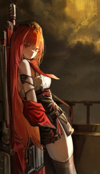 1girl absurdres bare_shoulders beret black_gloves black_thighhighs blunt_bangs breasts closed_mouth commentary dress feet_out_of_frame gloves goddess_of_victory:_nikke hat highres long_hair looking_at_viewer medium_breasts necktie off_shoulder outdoors rapi_(nikke) rapi_(red_hood)_(nikke) red_eyes red_hair red_necktie shade short_dress side_slit skindentation smile solo sparkle thighhighs very_long_hair weapon weapon_on_back yukiring zettai_ryouiki