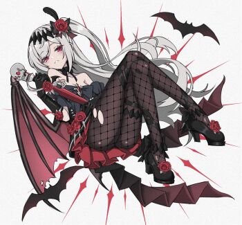 1girl bare_shoulders bat_(animal) bat_wings black_bow black_bowtie black_dress black_gloves bow bowtie breasts commentary_request demon_girl dress feather_hair_ornament feathers fishnet_pantyhose fishnets flower footwear_flower frilled_dress frills full_body gloves hair_flower hair_ornament highres long_hair looking_at_viewer mare_(ac8231) naked_bowtie nobara_(kaidan2012) one_side_up original pantyhose parted_lips red_eyes red_flower red_rose rose solo teeth torn_clothes torn_pantyhose vampire white_hair wings