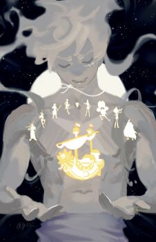 1boy absurdres boat brook_(one_piece) franky_(one_piece) gear_fifth hagoromo hair_up hat highres holding holding_instrument holding_sword holding_violin holding_weapon instrument jinbe_(one_piece) male_focus monkey_d._luffy nami_(one_piece) nico_robin one_piece roronoa_zoro sanji_(one_piece) sash scar scar_on_face shadow shawl smile solo straw_hat straw_hat_pirates sword syiss thousand_sunny tony_tony_chopper topless_male twitter_username usopp violin watercraft weapon