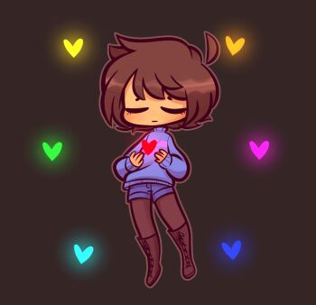 1other ahoge blue_shorts blue_soul_(undertale) blue_sweater blush boots brown_background brown_boots brown_hair brown_outline brown_pantyhose closed_eyes closed_mouth commentary cyan_soul_(undertale) detached_ahoge english_commentary eyelashes frisk_(undertale) full_body green_soul_(undertale) heart komicdraws long_sleeves orange_soul_(undertale) other_focus outline pantyhose purple_soul_(undertale) short_hair shorts simple_background solo sweater undertale utdr_(toby_fox) yellow_soul_(undertale)