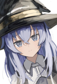1girl absurdres black_vest blue_eyes blue_hair close-up collared_shirt commentary_request dutch_angle gradient_eyes gradient_hair grey_eyes hat highres jitome long_braid looking_at_viewer multicolored_eyes multicolored_hair mushoku_tensei natuiroillust12 portrait roxy_migurdia shirt simple_background smile solo vest white_background white_hair white_shirt witch_hat