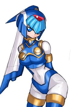 1girl absurdres android blue_eyes blue_helmet breasts crop_top crossed_arms fairy_leviathan_(mega_man) fins gem head_fins helmet highres mega_man_(series) mega_man_zero_(series) rememberthesea robot_girl skindentation solo thighhighs