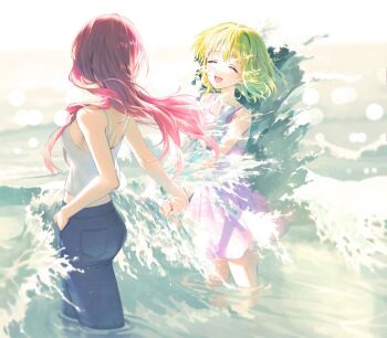 2girls air_(visual_novel) blonde_hair blue_pants blurry bokeh camisole closed_eyes crop_top denim depth_of_field dress facing_another hand_in_pocket holding holding_hands holding_stuffed_toy jeans kamio_haruko kamio_misuzu long_hair multiple_girls ocean official_alternate_hair_length official_alternate_hairstyle open_mouth pants pink_dress ppru red_hair short_hair skinny_jeans smile spaghetti_strap stuffed_toy wading waves white_camisole