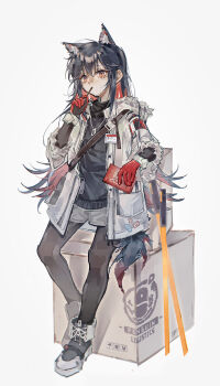 1girl absurdres animal_ears arknights bag black_hair black_shirt box cardboard_box chinese_commentary coat commentary_request eating food food_in_mouth full_body fur_trim gloves grey_shorts highres holding holding_letter hood hood_down huaique id_card leaning leaning_on_box letter long_hair looking_at_viewer messenger_bag pantyhose pocky pocky_in_mouth ponytail red_eyes red_gloves shirt shoes shorts shoulder_bag simple_background sneakers solo standing tail texas_(arknights) texas_(winter_messenger)_(arknights) turtleneck white_background white_coat winter_clothes winter_coat wolf_ears wolf_girl wolf_tail