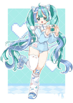1girl ahoge alternate_costume animal_ear_headphones animal_ears aqua_eyes aqua_hair asymmetrical_legwear bandaid bandaid_on_leg blue_hair blue_shoes blush border cable cable_tail cat_ear_headphones cat_ears clothing_request commentary_request cute_x_subculture_hatsune_miku_design_contest fake_animal_ears fashion hatsune_miku headphones highres long_hair looking_at_viewer mechanical_tail mismatched_legwear multicolored_hair narushima_(sugar_star) open_mouth shoes sneakers solo standing streaked_hair tail tenshi_kaiwai twintails very_long_hair vocaloid watermark white_border wings