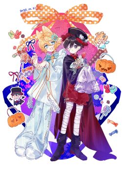 Rule 34 | 2025, 2boys, :d, absurdres, angel wings, animal ears, ankle boots, back-to-back, baggy pants, bandage over one eye, bandaged leg, bandages, basil (faraway) (omori), basil (omori), bat wings, black boots, black cape, black eyes, black hair, black hat, black shirt, black wings, blonde hair, blue bow, blue bowtie, blue eyes, blue flower, blue ribbon, boots, border, bouquet, bow, bowtie, bright pupils, candy, cape, cat boy, cat ears, chinese commentary, closed eyes, closed mouth, commentary request, cross, cross brooch, dated, double-parted bangs, expressionless, flower, food, frilled hat, frilled shorts, frilled sleeves, frills, full body, gold trim, gradient background, hair behind ear, hair between eyes, hair flower, hair ornament, halloween, halloween bucket, halo, hands up, hat, hat flower, high heel boots, high heels, highres, holding, holding bouquet, jacket, layered sleeves, light frown, lollipop, long sleeves, looking at another, looking back, multiple boys, omori, one eye covered, open mouth, orange ribbon, outline, outside border, pants, pink background, polka dot, polka dot ribbon, puffy long sleeves, puffy shorts, puffy sleeves, purple background, red ribbon, red shorts, ribbon, round border, shirt, shoes, short hair, shorts, simple background, sleeves past fingers, sleeves past wrists, smile, standing, sunny (omori), swirl lollipop, traditional bowtie, tulip, turtleneck, turtleneck jacket, u u, very short hair, white border, white flower, white jacket, white outline, white pants, white pupils, white shoes, white tulip, white wings, wings, wrapped candy, yangliyongyuanshiyangchui, yellow flower, yellow halo, zoom layer