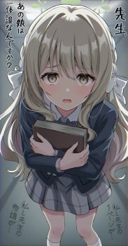 1girl absurdres black_bow black_bowtie black_jacket blazer blue_archive blush book bow bowtie braid breasts collared_shirt commentary_request crouching_start crying crying_with_eyes_open dress_shirt green_halo grey_hair grey_skirt hair_between_eyes hair_bow hair_intakes hair_ribbon halo highres holding holding_book jacket long_hair long_sleeves looking_at_viewer medium_breasts medium_skirt miyo_(blue_archive) open_mouth plaid_clothes plaid_skirt pleated_skirt ribbon ribbon_braid school_uniform shirt skirt socks solo tears translation_request very_long_hair wavy_hair white_bow white_ribbon white_shirt white_socks yellow_eyes