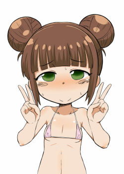 1girl bikini blunt_bangs blush brown_hair closed_mouth double_bun double_v female_focus flat_chest green_eyes hair_bun half-closed_eyes hands_up idolmaster loli looking_at_viewer micro_bikini okazu_yuuichi short_hair simple_background smile solo sweatdrop swimsuit takatsuki_kasumi upper_body v white_background