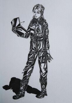 1girl absurdres black_bodysuit black_boots bodysuit bomber_jacket boots bordfunker133 cargo_pants check_clothing clothing_request expressionless friedrich_rumpelhardt full-length_zipper full_body fur-trimmed_suit genderswap genderswap_(mtf) gloves greyscale highres holding holding_gloves holding_notebook holding_unworn_clothes jacket light_frown lipstick long_hair luftwaffe makeup male_focus monochrome nazi notebook original pants photo_(medium) real_life rumpelhardt-chan_(bordfunker133) simple_background solo unworn_gloves world_war_ii zipper