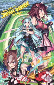 Rule 34 | 3girls, aqua hair, armpits, asymmetrical legwear, bare shoulders, boots, breasts, brown eyes, brown hair, cleavage cutout, clothing cutout, crossed arms, dress, frilled dress, frills, gloves, green eyes, gunbuster pose, highres, horse girl, japanese clothes, long hair, mejiro ardan (clinochlore line) (umamusume), mejiro ardan (umamusume), mismatched legwear, multiple girls, purple eyes, sakura chiyono o (hinoshita kaisan hana akari) (umamusume), sakura chiyono o (umamusume), short hair, sideboob, skirt, tokyo racecourse, tokyo yushun, umamusume, yaeno muteki (attack of the four white meteors) (umamusume), yaeno muteki (umamusume), yuuki tom0