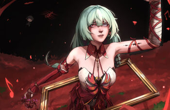 1boy 1girl absurdres arm_up bandaged_arm bandages bare_shoulders breasts closed_mouth commentary detached_sleeves dress english_commentary fingernails flower grey_eyes grey_hair halter_dress halterneck heterochromia highres holding holding_flower klazyvn long_hair male_rover_(wuthering_waves) medium_breasts musical_note nail_polish phrolova_(wuthering_waves) red_dress red_eyes red_nails red_petals rover_(wuthering_waves) single_detached_sleeve solo_focus spider_lily tacet_mark_(wuthering_waves) wuthering_waves