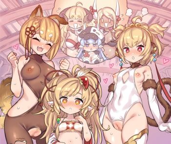 6+girls :3 :d =_= ahoge andira_(granblue_fantasy) anila_(granblue_fantasy) animal_ears animal_print big_hair blonde_hair blush breasts breasts_out bright_pupils catura_(granblue_fantasy) censored cleft_of_venus cow_print cowboy_shot crotchless crotchless_bodysuit crotchless_leotard earrings facing_viewer fang female_pubic_hair flower_knot flying_sweatdrops granblue_fantasy hair_ornament hands_up heart horns jewelry kumbhira_(granblue_fantasy) leotard loli looking_at_viewer mahira_(granblue_fantasy) medium_breasts mimonel monkey_ears monkey_tail mosaic_censoring multiple_girls navel nipples open_mouth orange_eyes parted_lips pubic_hair pussy red_eyes small_breasts smile standing tail tail_wagging thick_eyebrows thighhighs two_side_up vajra_(granblue_fantasy) white_legwear white_leotard white_pupils wide-eyed