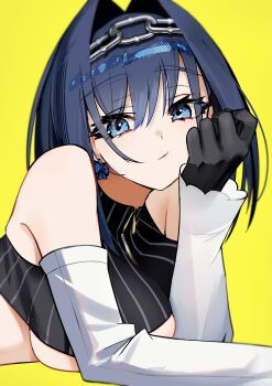 1girl absurdres bare_shoulders blue_eyes blue_hair breasts earrings gloves hair_intakes hashtag-only_commentary head_chain highres hololive hololive_english jewelry large_breasts looking_at_viewer ouro_kronii ouro_kronii_(1st_costume) simple_background solo thomas_8000 underboob virtual_youtuber