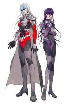 armor black_bodysuit blue_hair bodysuit boots eva_(hundred_line) full_body grey_bodysuit hair_between_eyes hand_up heterochromia high_heel_boots high_heels highres long_hair looking_at_viewer multicolored_eyes multicolored_hair open_mouth pink_hair purple_bodysuit purple_eyes purple_hair red_bodysuit red_eyes shoulder_armor siblings simple_background sisters smile the_hundred_line_-last_defense_academy- v'ehxness white_background white_hair wu_li_gede
