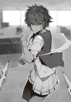 1girl battle blood blood_on_face blurry blurry_background bob_cut breasts clenched_hands collared_shirt cowboy_shot fighting_stance greyscale hair_between_eyes hand_up highres indoors itan_na_karera_no_kimitsu_kyoshitsu large_breasts martial_arts messy_hair miniskirt mole mole_under_eye monochrome motion_lines nauribon non-web_source novel_illustration official_art open_clothes open_vest pleated_skirt school_uniform shinshi_ibuki shirt short_hair short_sleeves skirt smoke solo standing tsurime v-shaped_eyebrows vest