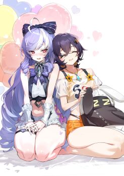 2girls @_@ absurdres ahoge balloon bare_shoulders belle_(summer_skies)_(zenless_zone_zero) belle_(zenless_zone_zero) blush closed_eyes drill_hair drill_sidelocks facing_viewer goomrrat hair_ornament heart heart-shaped_pupils heart_balloon heart_o-ring highres letter_hair_ornament multicolored_hair multiple_girls o-ring o-ring_thigh_strap official_alternate_costume official_alternate_hairstyle one-piece_swimsuit orange_shorts parted_lips purple_hair red_eyes seiza short_hair shorts sidelocks simple_background sitting streaked_hair swimsuit symbol-shaped_pupils thigh_strap twin_drills vivian_banshee vivian_banshee_(iris_of_the_shore) white_background white_hair zenless_zone_zero