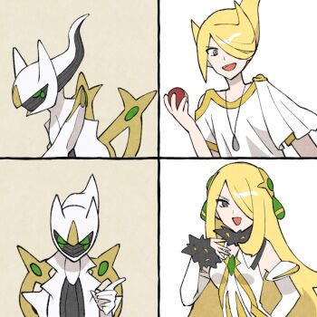 1boy 1girl ancestor_and_descendant arceus blonde_hair cynthia_(arc_suit)_(pokemon) cynthia_(pokemon) drakeposting_(meme) gen_4_pokemon grey_eyes hair_over_one_eye holding holding_poke_ball legendary_pokemon machi_(chrismt) meme mythical_pokemon nintendo official_alternate_costume open_mouth poke_ball pokemon pokemon_(creature) pokemon_legends:_arceus pokemon_masters_ex volo_(pokemon)